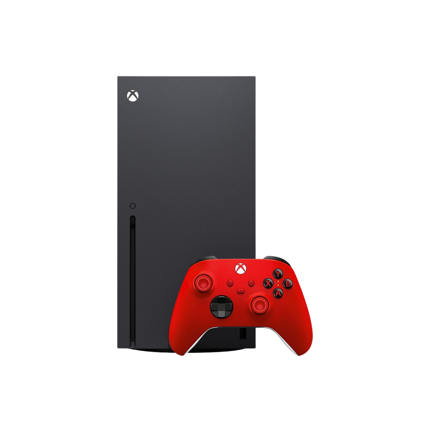 XBOX Series X 1TB with disk drive and a red contoller on a white background