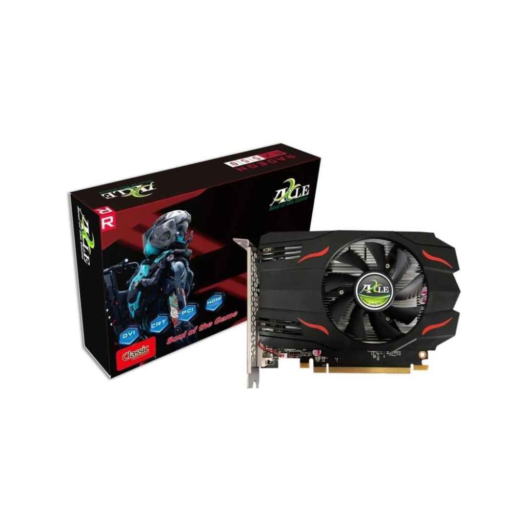 OCPC AMD Radeon RX 550 Graphics card next to its retail packaging placed on a white background 