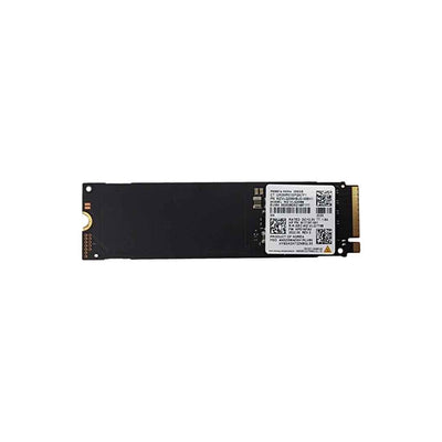 256GB NVMe SSD module in a compact, rectangular black design with gold connector pins on one end and a white label with technical information on the top surface.