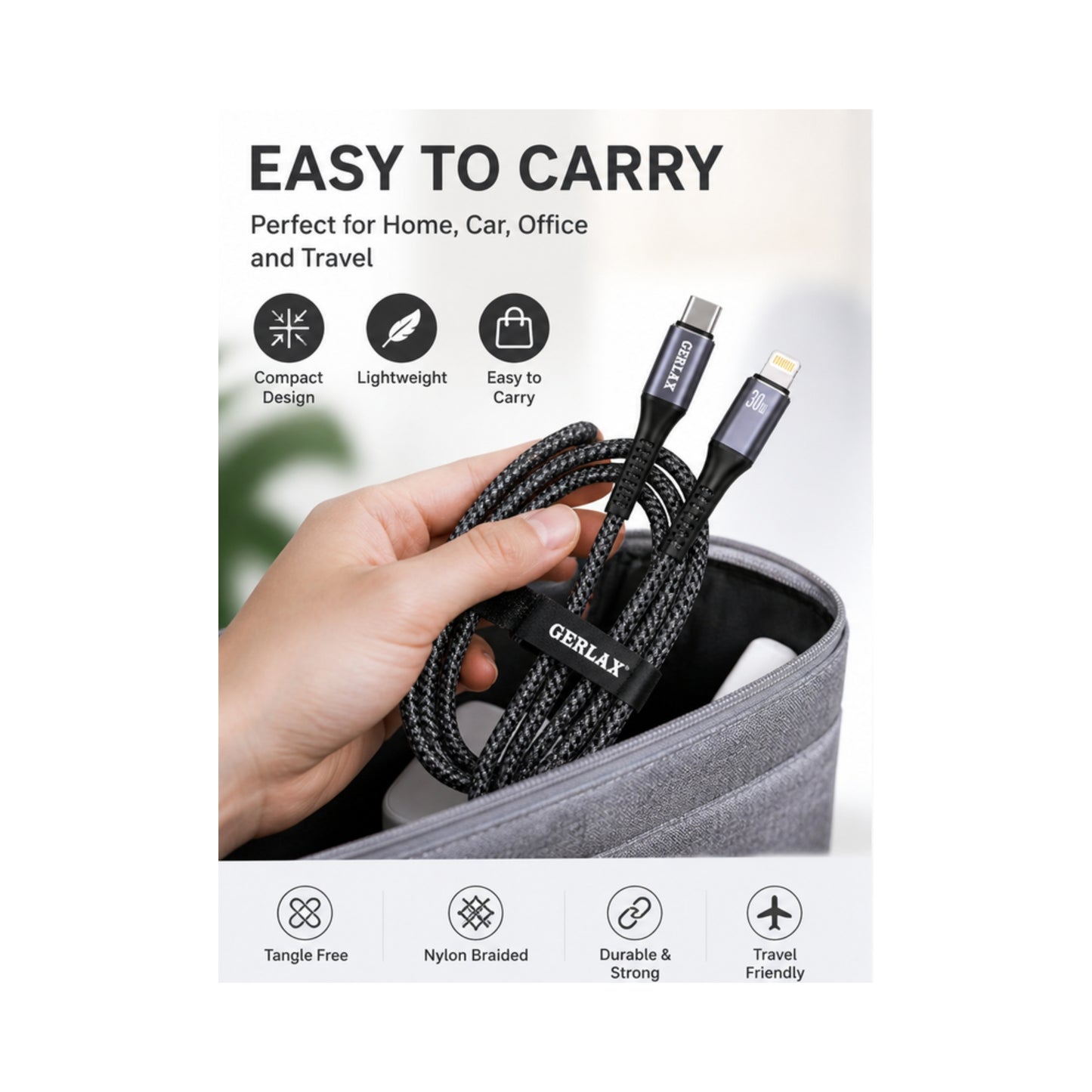 Gerlax USB-C to Lightning Fast Charging Cable 30W PD 1M Nylon Braided