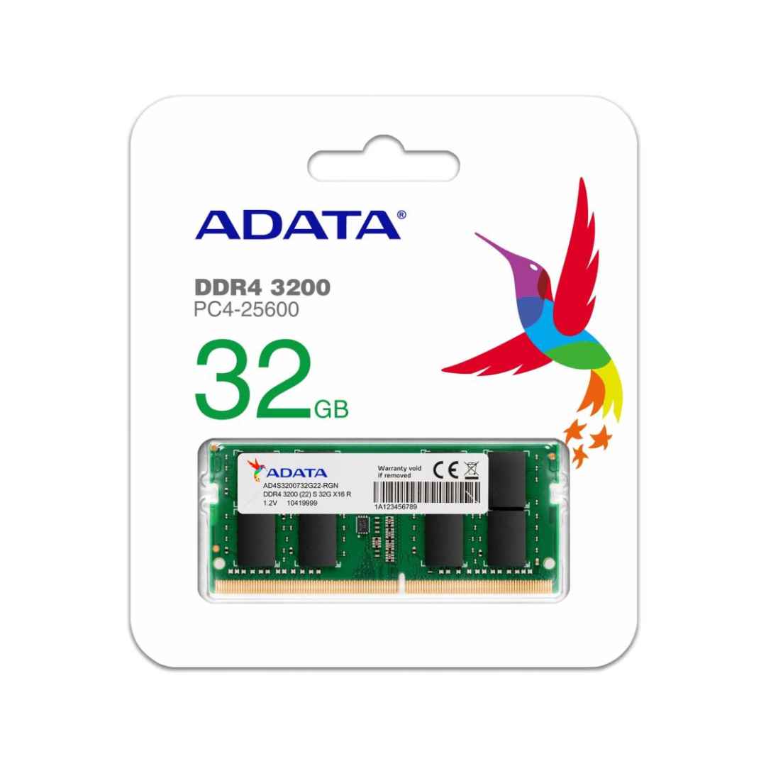 ADATA 32GB DDR4 3200MHz Laptop RAM place on a white background in its retail packaging