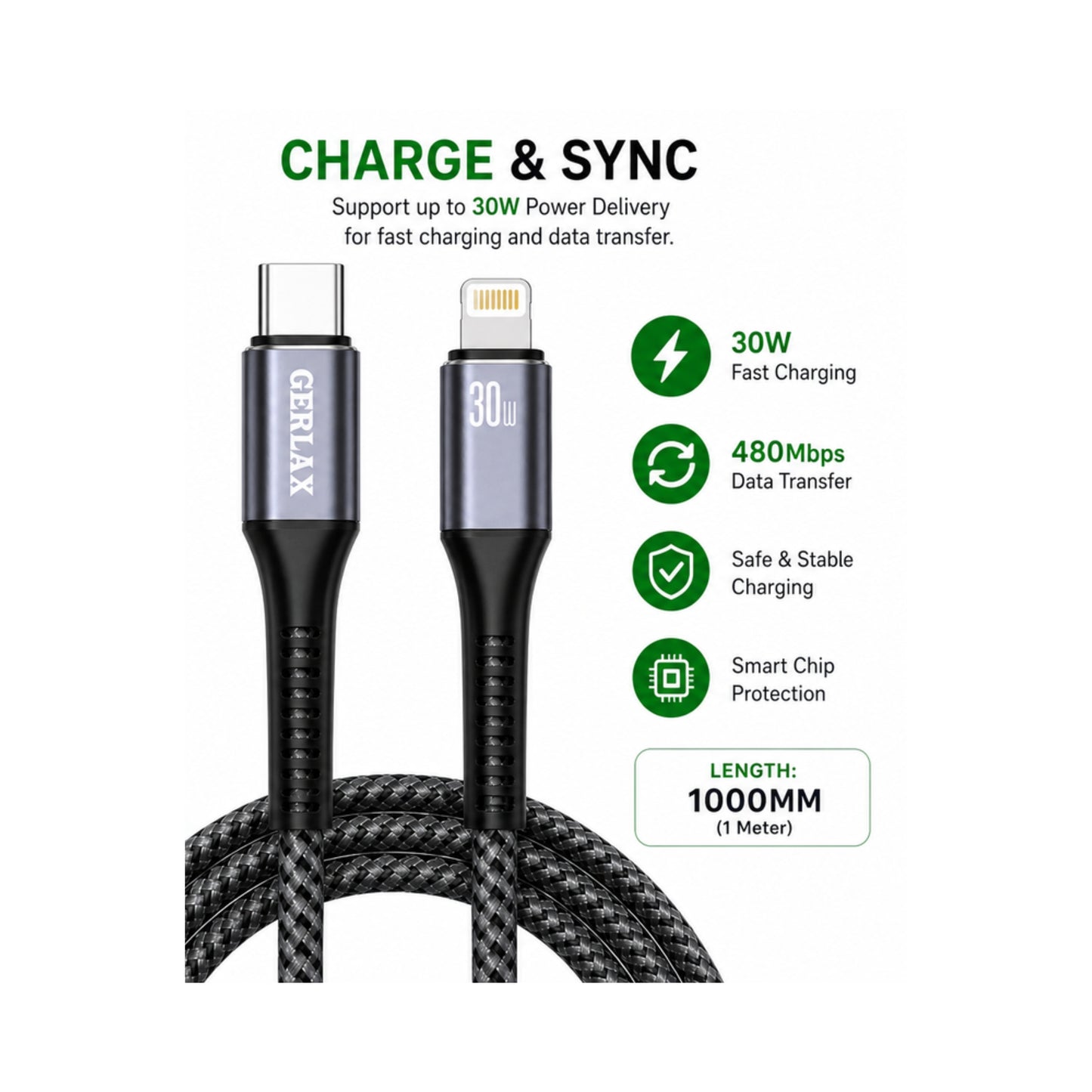 Gerlax USB-C to Lightning Fast Charging Cable 30W PD 1M Nylon Braided