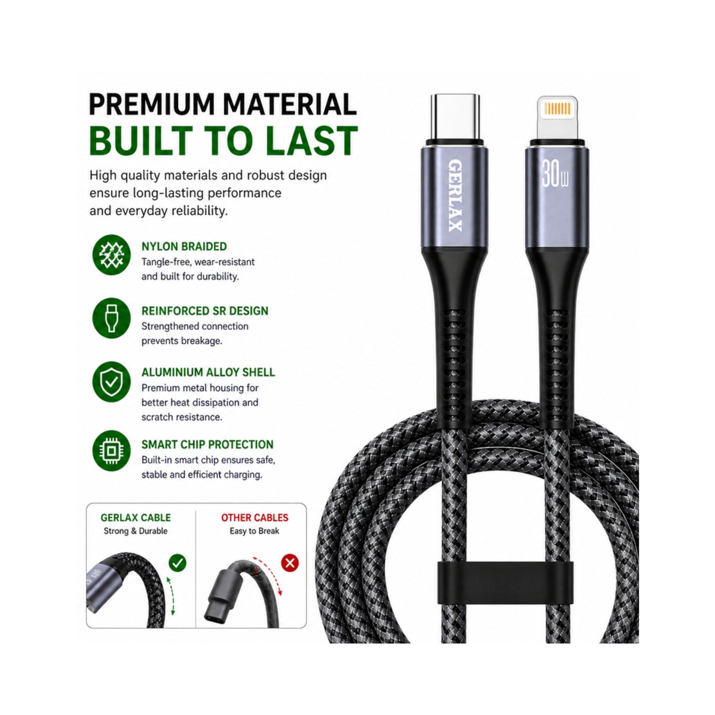 Gerlax USB-C to Lightning Fast Charging Cable 30W PD 1M Nylon Braided