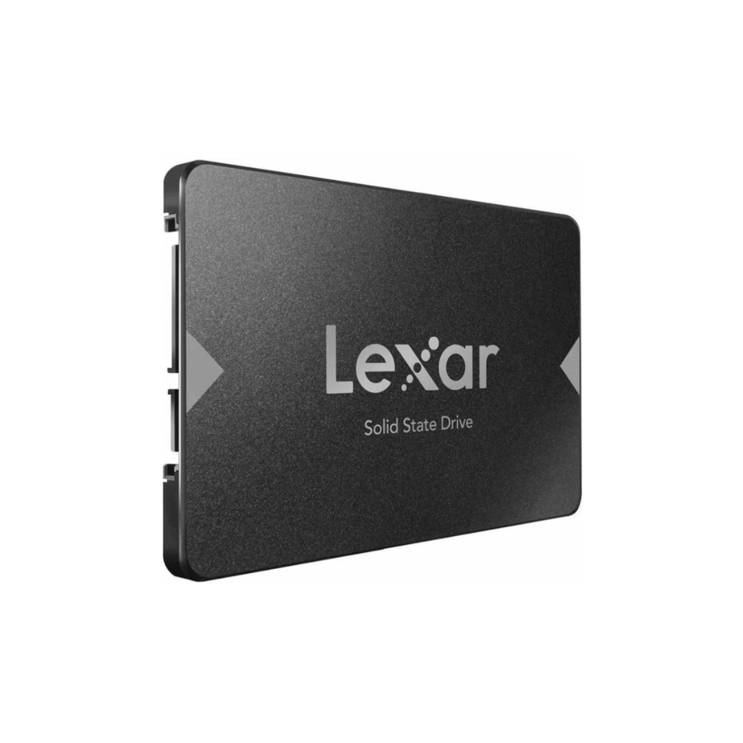 Lexar 256GB SATA SSD slanted sideways on a white background