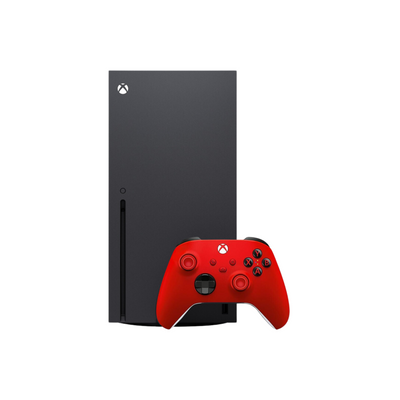 XBOX Series X 1TB with disk drive and a red contoller on a white background
