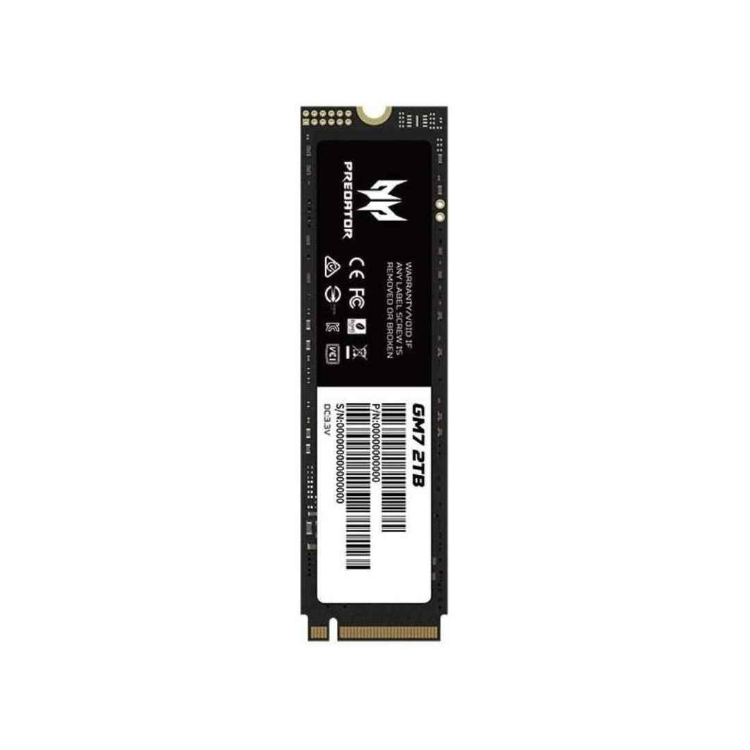 Predator 2TB NVMe SSD with a black rectangular design, featuring the Predator logo and branding in white on the top. The module includes technical specifications and a barcode label, with gold connector pins at the bottom